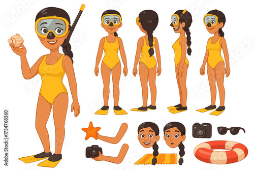 Snorkeler Character Kit. Cartoon realistic vector illustration, Character constructor style, isolated