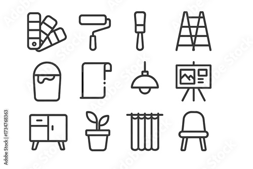 Creative Icons Grid. Creative energy in shared spaces like art studios or workshops. Line outline icon set of