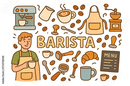 Barista Doodle Art. Barista. Hand-drawn doodle illustration of Barista. espresso machine, coffee cup, milk