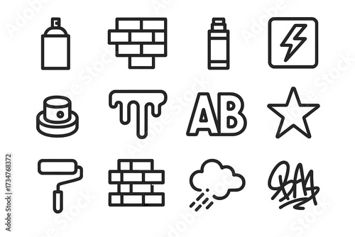 Creative Icon Set. Creative energy in shared spaces like art studios or workshops. Line outline icon set of