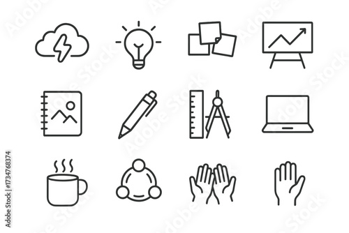 Creative Workspace Icons. Creative energy in shared spaces like art studios or workshops. Line outline icon