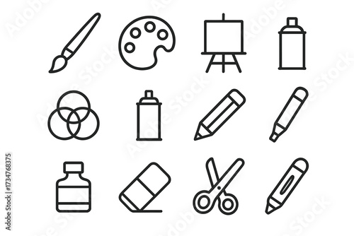 Creative Studio Icon Grid. Creative energy in shared spaces like art studios or workshops. Line outline icon