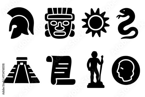 Mythology Icon Set. Mythology. Filled icon set of Mythology: Greek helmet, Mayan mask, sun symbol, serpent,