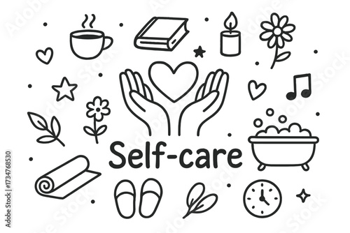 Self-Care Doodle Art. Self-care. Hand-drawn doodle illustration of Self-care. In the middle, one slightly