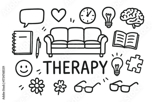 Therapy Doodle Illustration. Therapy. Hand-drawn doodle illustration of Therapy. In the middle, one slightly