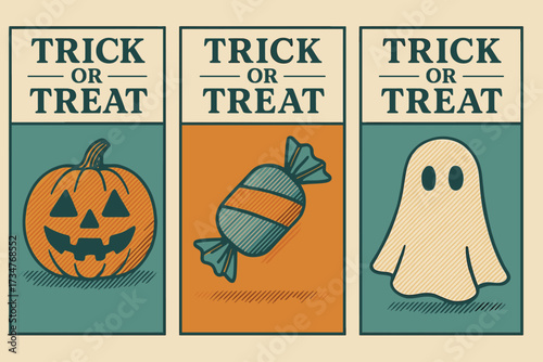 Vintage Poster Trio. Trick or Treat. Three or two minimalist vintage-style posters placed side by side in one