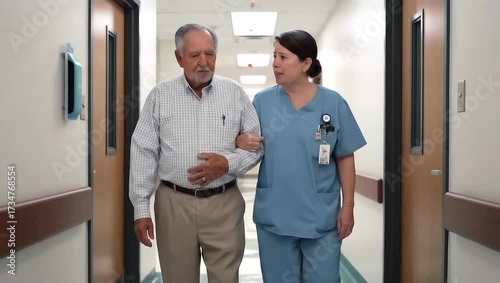 Nurse assisting elderly couple walking down hospital corridor