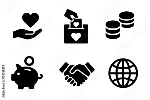 Charity Icon Set. Charity. Filled icon set of Charity: hand with heart, donation box, giving hands, coins,