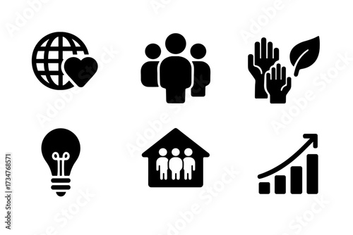 Social Impact Icons. Social Impact. Filled icon set of Social Impact: globe with heart, people group, raised