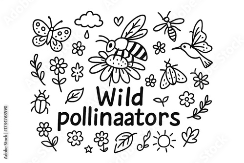 Doodle Wild Pollinators. Wild pollinators. Hand-drawn doodle illustration of Wild pollinators. In the middle,