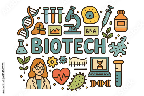 Biotech Doodle Illustration. Biotech. Hand-drawn doodle illustration of Biotech. DNA strand, test tubes,