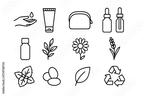 Hand Lotion Icon Set. Using hand lotion. Line outline icon set of Using hand lotion: travel size lotion,