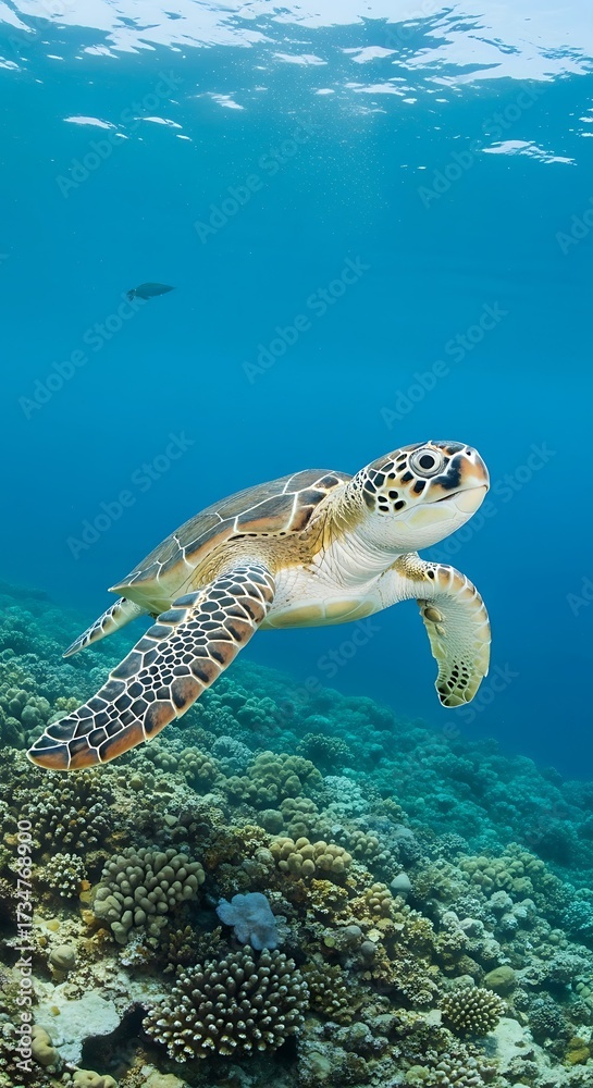 Naklejka premium Sea Turtle Swimming Over Coral Reef.