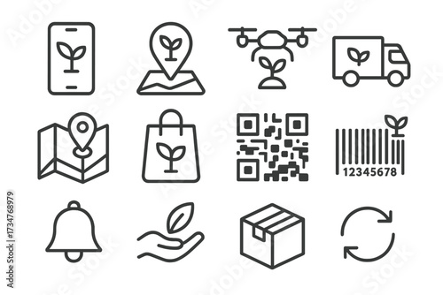 Urban Farming Icons. Urban farms. Line outline icon set of Urban farms: smartphone app, GPS pin, drone,