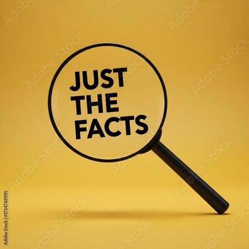 Magnifying glass focuses on the words just the facts against a yellow background