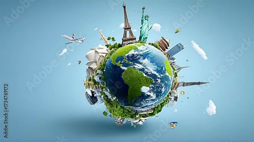 Earth showcasing World landmarks on a small planet against a blue background