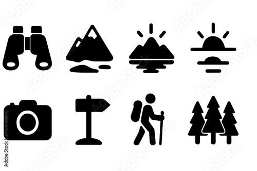 Scenic Icon Set. Scenic Views. Filled icon set of Scenic Views: binoculars, mountain, lake reflection, sunrise