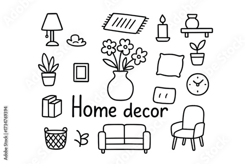 Home Decor Doodles. Home decor. Hand-drawn doodle illustration of Home decor. In the middle, one slightly