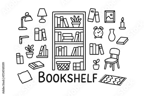 Bookshelf Doodle Illustration. Bookshelf. Hand-drawn doodle illustration of Bookshelf. In the middle, one