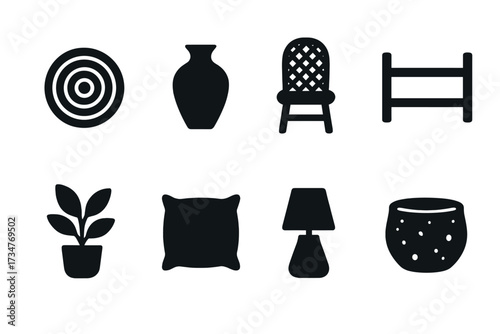 Natural Decor Icons. Natural Decor. Filled icon set of Natural Decor: jute rug, clay vase, wicker chair,