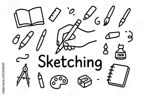 Creative Art Tools. Sketching. Hand-drawn doodle illustration of Sketching. In the middle, one slightly larger