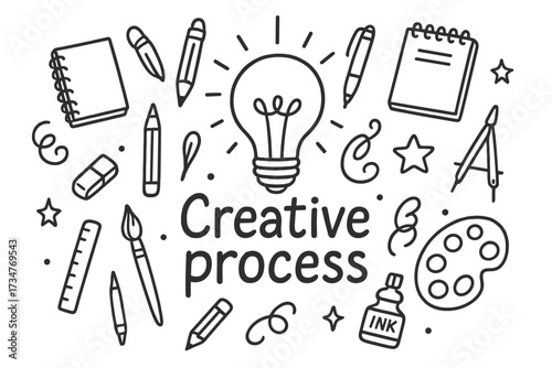 Creative Process Doodles. Creative process. Hand-drawn doodle illustration of Creative process. In the middle,