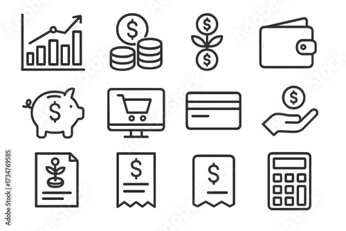 Smart Farming Icons. Smart farming technologies. Line outline icon set of Smart farming technologies: finance
