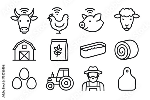 Smart Farming Icons. Smart farming technologies. Line outline icon set of Smart farming technologies: cow,