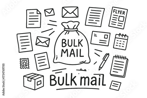 Doodle Bulk Mail. Bulk mail. Hand-drawn doodle illustration of Bulk mail. In the middle, one slightly larger