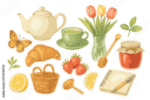 Весенняя акварельная наклейка. Spring morning. Realistic hand-painted watercolor style sticker sheet of spring