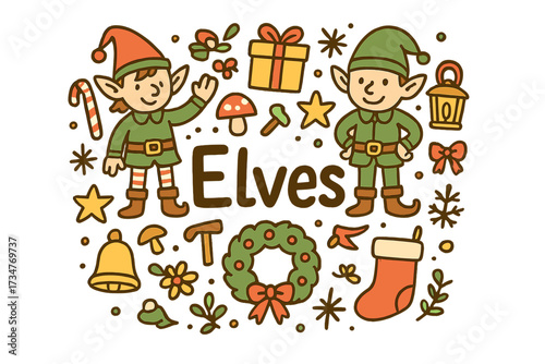 Festive Elf Doodle. Elves. Hand-drawn doodle illustration of Elves. pointy hat, long ears, boots, candy cane,