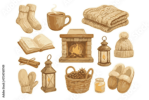 Cozy Winter Stickers. Cozy Winter. Realistic hand-painted watercolor style sticker sheet of Cozy Winter: wool
