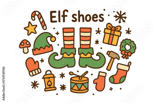 Colorful Elf Doodle. Elf shoes. Hand-drawn doodle illustration of Elf shoes. curled boots, striped socks, elf