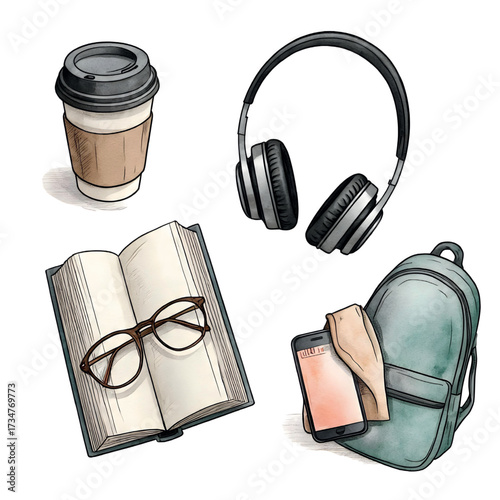 A stack of books, headphones, eyeglasses, smartphone, and coffee cup on a white background