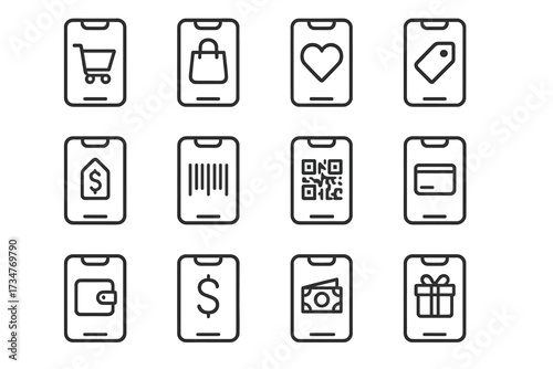 Mobile CTA Icons. CTA buttons on mobile. Line outline icon set of CTA buttons on mobile: shopping cart, buy