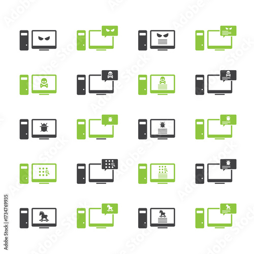 Malware desktop icon set. Hacking concept.