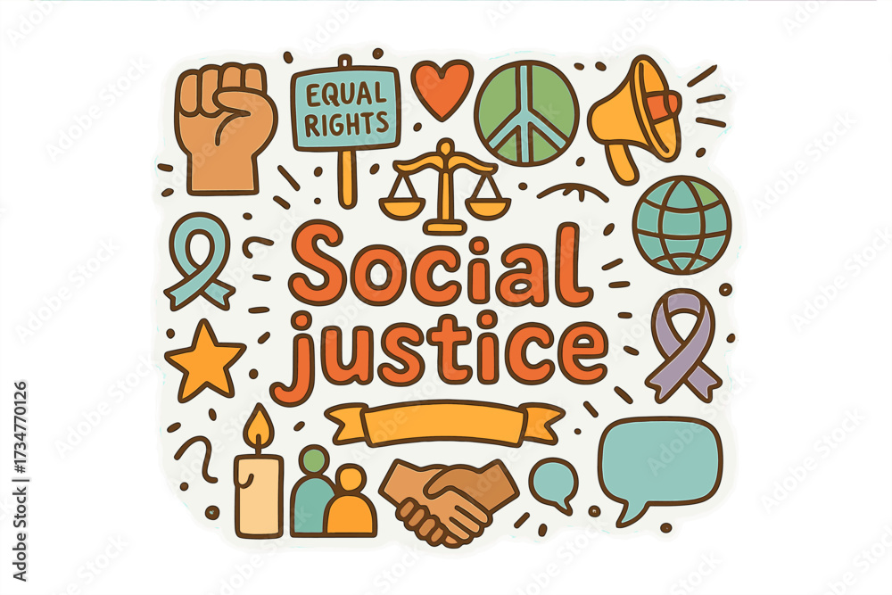 Fototapeta premium Social Justice Symbols. Social justice. Hand-drawn doodle illustration of Social justice. raised fist, protest