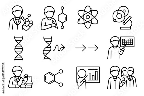 Science Lab Icons. Students conducting research in school labs. Line outline icon set of Students conducting