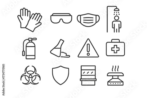Lab Safety Icons. Students conducting research in school labs. Line outline icon set of Students conducting