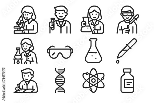 School Lab Icon Set. Students conducting research in school labs. Line outline icon set of Students conducting