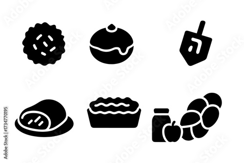 Hanukkah Food Icons. Hanukkah Food. Filled icon set of Hanukkah Food: latkes, sufganiyot, gelt coin, dreidel,