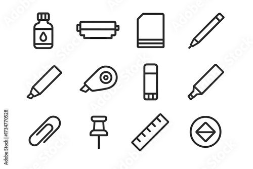 Office Supplies Icons. Managing office resources and supplies. Line outline icon set of Managing office