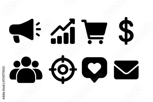 Marketing Impact Icons. Marketing Impact. Filled icon set of Marketing Impact: megaphone, chart with rising