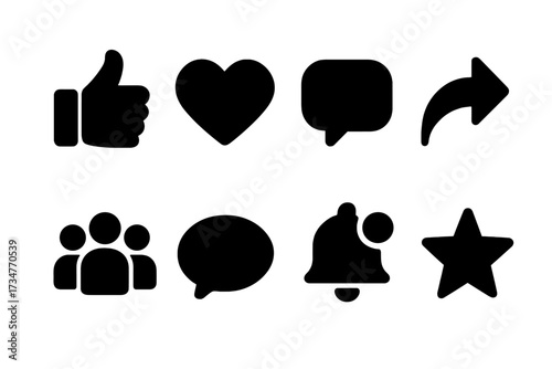 Engagement Icon Set. Engagement. Filled icon set of Engagement: thumbs up, heart, comment bubble, share arrow,