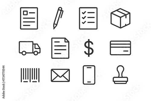 Office Management Icons. Managing office resources and supplies. Line outline icon set of Managing office
