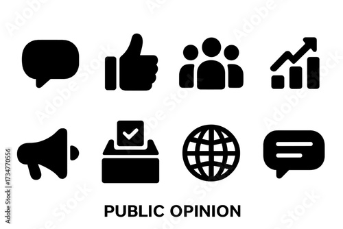 Public Opinion Icons. Public Opinion. Filled icon set of Public Opinion: speech bubble, thumbs up, group of