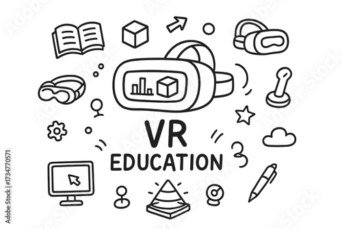 VR Education Doodle. VR education. Hand-drawn doodle illustration of VR education. In the middle, one slightly