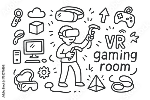 VR Gaming Doodle. VR gaming room. Hand-drawn doodle illustration of VR gaming room. In the middle, one