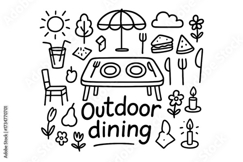 Doodle Outdoor Dining Scene. Outdoor dining. Hand-drawn doodle illustration of Outdoor dining. In the middle,