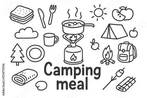 Camping Meal Doodle. Camping meal. Hand-drawn doodle illustration of Camping meal. In the middle, one slightly
